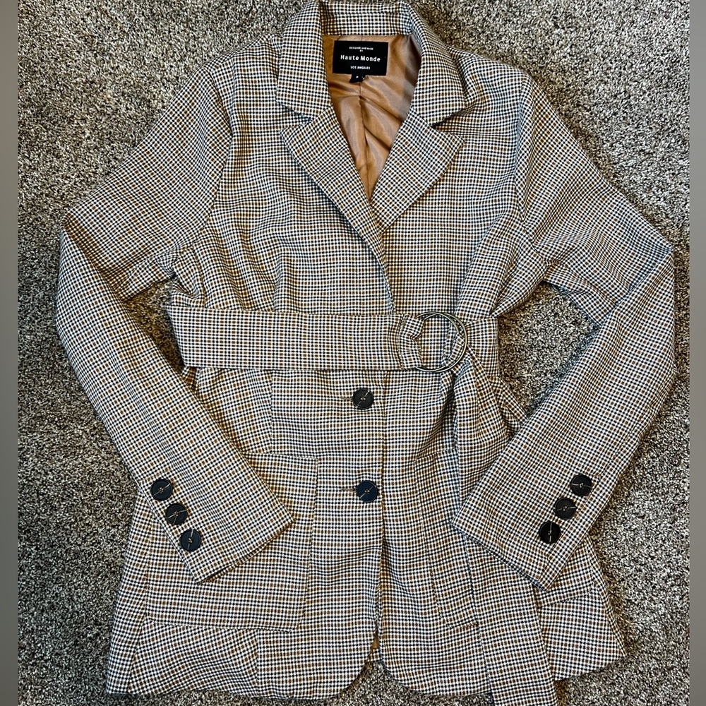 Haute Monde Career Business Lined Blazer Brown Jacket w/Belt, L/S, Sz: Small
